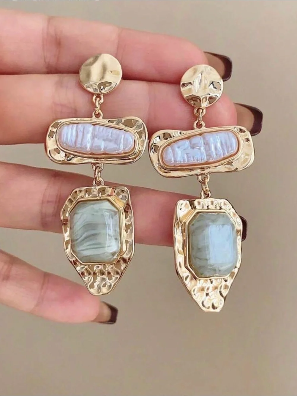 Gold Drop Earrings with Iridescent Pearl and Pale Green Stones